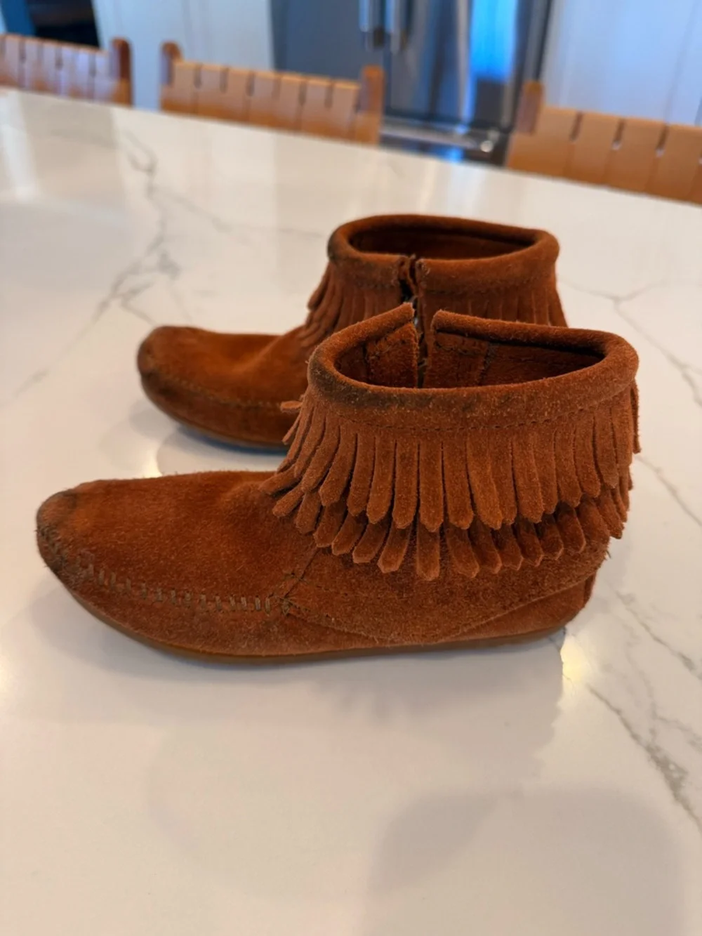 Kids Minnetonka Suede Fringe Ankle Boots - Brown size 13